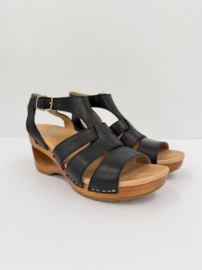 Dansko Trudy Wedge Sandal Wooden Wedge Heel in Black Leather Size 37